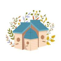 Wooden birdhouses with leaves and flowers, colorful bird feeders in different designs. Birdhouses, house or nest with round, arched or heart holes Sweet Homes. Cartoon vector stock illustration.