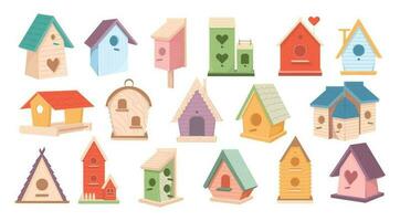 conjunto de de madera casas de aves, vistoso pájaro alimentadores en diferente diseños casas de aves, casa o nido con redondo, arqueado o corazón agujeros dulce casas dibujos animados vector valores ilustración.
