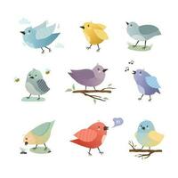 Set of cute birds sitting on a branch. Feathered colorful animals drawn in a flat style. Vector illustration on a white background in a simple cartoon style. Singing bird, flying, hand drawn bee.