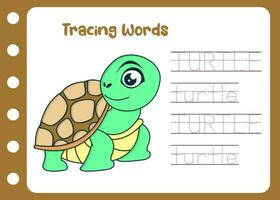 tracing the word of cute turtle. kid learning alphabet vector