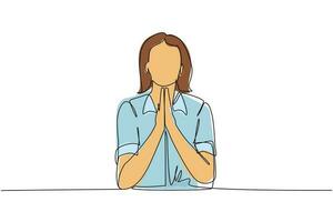 una línea continua dibujando a una mujer joven con los ojos cerrados rezando con las manos juntas. persona de moda sosteniendo las palmas en oración. emoción humana, lenguaje corporal. ilustración gráfica de vector de diseño de dibujo de una sola línea