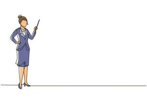 dibujo de una sola línea maestra, mentora, entrenadora, mujer de negocios, gerente, empleada, mujer segura de sí misma, usando un blazer que indica apuntar con un palo en la mano. ilustración de vector de diseño de línea continua
