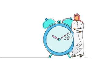 dibujo continuo de una línea hombre de negocios, gerente o empleado árabe se inclina hacia un gran reloj. concepto de gestión del tiempo. tiempo, reloj, oferta limitada, símbolo de fecha límite. vector de diseño de dibujo de una sola línea