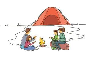 Single one line drawing happy camping or hiking family warm their bodies around campfire tents. Dad and son sitting on ground, mom and daughter on logs. Continuous line draw design vector illustration