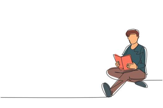 estudiante inteligente de dibujo de una sola línea que se prepara para el examen en casa. joven estudiando y leyendo libros. lector masculino sentado en el suelo, aprendiendo. ilustración de vector gráfico de diseño de dibujo de línea continua