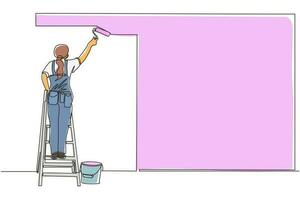 Continuous one line drawing painter standing on staircase paints wall. Woman is holding paint roller in hand. Human runs to provide construction work. Worker in uniform. Single line draw design vector