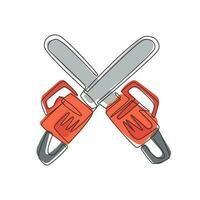 Continuous one line drawing crossed chainsaws isolated on white background. Tool woodcutter symbol. Two crossed chainsaws for lumberjack icon. Single line draw design vector graphic illustration