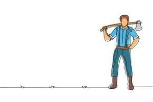 Single one line drawing lumberjack pose on the logging forest. Lumberjack with axe and downed log, standing wearing shirt, jeans and boots. Continuous line draw design graphic vector illustration