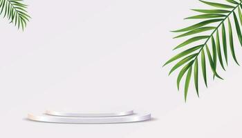 realista 3d pedestal terminado soleado antecedentes con palma hojas. de moda vacío podio monitor para anuncios cosmético producto presentación, Moda revista vector