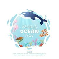 Square world ocean day background with illustration of ocean life vector