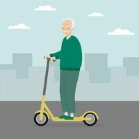 mayor hombre montando patada scooter. antiguo hombre montando eléctrico scooter en el ciudad. vector ilustración