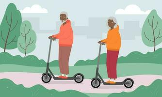 Senior man and woman riding kick scooter. Old man and woman riding electric scooter in the city park. Vector illustration