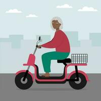 mayor mujer montando moderno eléctrico bicicleta scooter en el ciudad. urbano eco transporte. vector ilustración