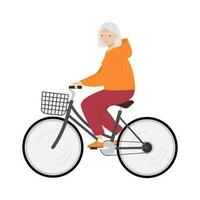 Senior woman riding bicycle. Old woman on bike. Isolated Vector illustration