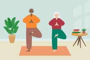 mayor hombre y mujer haciendo yoga. antiguo hombre y mujer practicando meditación, hacer ejercicio, acuerdo activo sano estilo de vida. vector ilustración