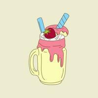 A milkshake with a strawberry and ice cream cone. Vector illustration isolated