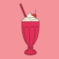 A milkshake with a cherry on top sits on a pink background. vector