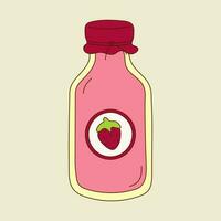 A bottle of strawberry milk with a red cap and a strawberry on the top. vector