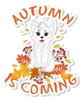 Sticker with cute little white cat is sitting with autumn leaves. vector