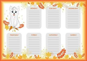 School weekly and daily planner with cute little white cat in colorful autumn design. vector