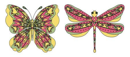 Set Butterfly and Dragonfly. Coloring page for adults anti stress in zentangle style. vector