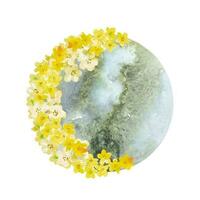 Hand drawn illustration of moon with yellow flowers, flower moon, watercolor vector