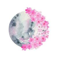 Hand drawn illustration of moon with pink flowers, flower moon, watercolor vector