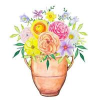 Bright flower bouquet in a clay vase, watercolor illustration vector