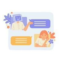 Girl chatting artificial intelligence. Digital chat bot, robot application, conversation assistant concept. vector