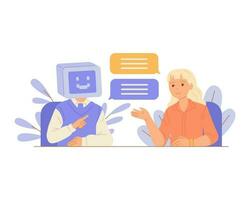 Girl chatting artificial intelligence at the table. Flat vector on white background.