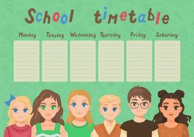 School timetable with cute smiling kids. Student education weekly schedule. vector