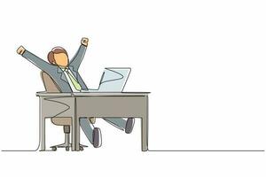 Continuous one line drawing happy businessman sitting in chair at desk using laptop celebrating win with hands raised. Celebrating win, positive emotion concept. Single line draw design vector graphic