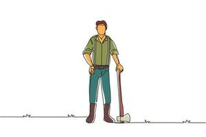 leñador de dibujo de una sola línea con hacha de pie con camisa de liga, jeans y botas. pose de leñador en el bosque de tala. ilustración de vector gráfico de diseño de dibujo de línea continua moderna