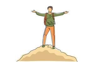 Single one line drawing successful climber man stands with arms outstretched on top of mountains. Male raised his hands up in joy. Achieving success. Guy power. Continuous line draw design vector