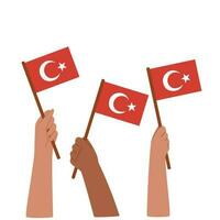 Hands with Turkish flags. Vector illustration isolated on white.