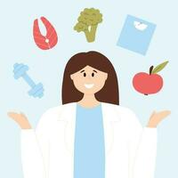 Family Dietitian. Vector illustration. Flat style. Nutritionist doctor concept. Doctor consultation. Healthy food. Diet plan.