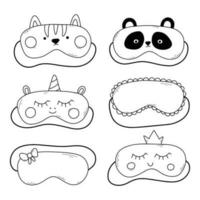 Set of sleep masks in doodle style. Collection of linear masks. Vector illustration. Iasca for sleeping with a cat, panda, unicorn.