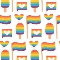 Seamless pattern with LGBT hearts, flag, ice cream. Vector illustration. Flat style. LGBT print. Pride month.