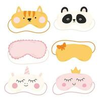 Set of sleep masks in flat style. Collection of hand drawn masks. Vector illustration. Iasca for sleeping with a cat, panda, unicorn.