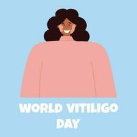 un mujer con vitiligo piel enfermedad acepta su apariencia, ama sí misma. mundo vitiligo día. vector ilustración. póster con un contento niña con vitíligo.