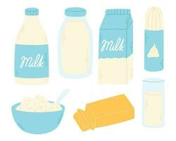 Set of dairy products in a flat style. Vector illustration. Hand drawn collection of milk.