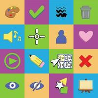 Kid-Friendly Artistic Icons- Paint Palette, Selection Tool, Brushes, Checkmark, Music Sound, Trash, Profile, Pencil, Play, Heart, Color Picker, Exit, Visible Eye, Not Visible Eye, Shapes, Canvas vector