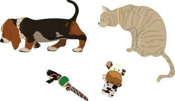 Sniffing Dog, Crouching Cat, Dog Toy, and Stuffed Cow Toy vector