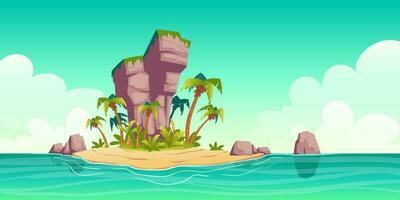 Tropical island in ocean with palm trees and rock vector