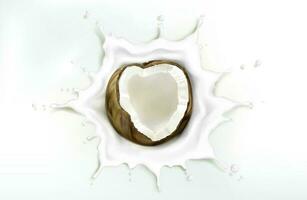 Coconut in milk splash isolated on white backdrop vector
