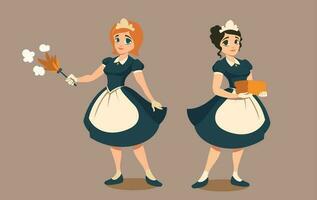 Housemaids with duster and stack of linen or towel vector