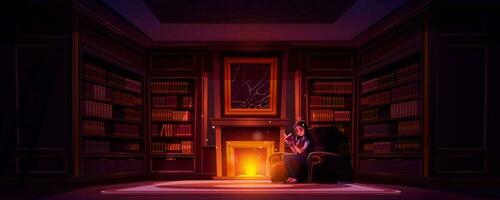Young woman reading book near fireplace in library vector