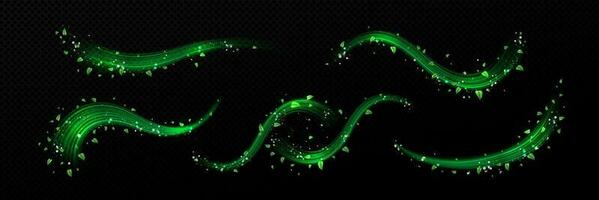 Realistic set of abstract green waves with leaves vector