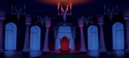Night castle palace hall with throne and spotlight vector