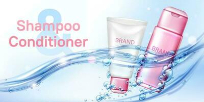 Shampoo and conditioner in water flow realistic vector